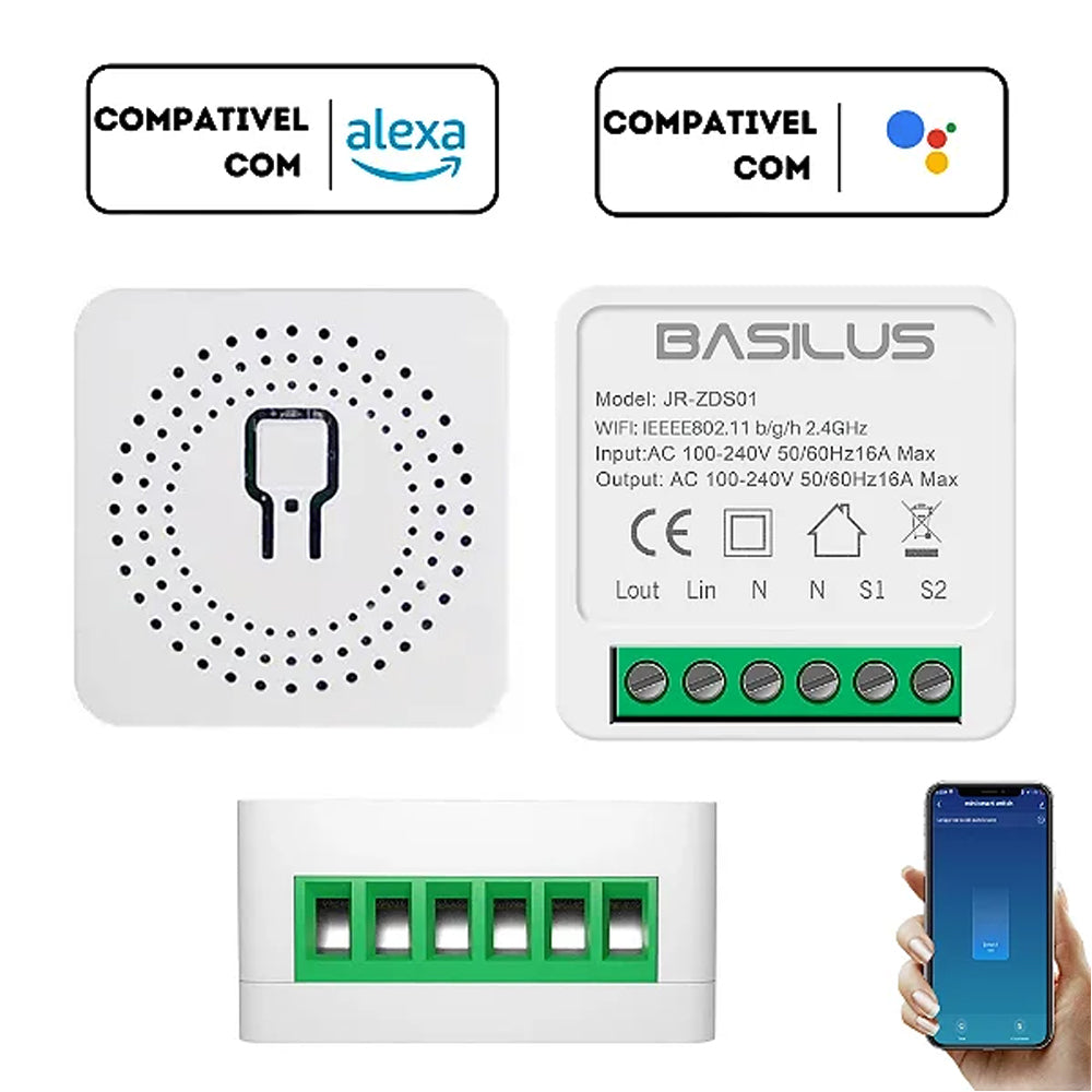 Mini interruptor Inteligente 16A AC100V-240V 50Hz/60Hz Compatibilidade com Alexa e Google Assistent - Basilus